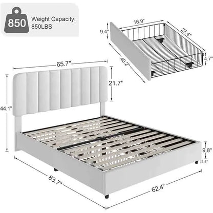 Yoobure Queen Size Bed Frame with 4-Drawers and Adjustable Velvet Headboard