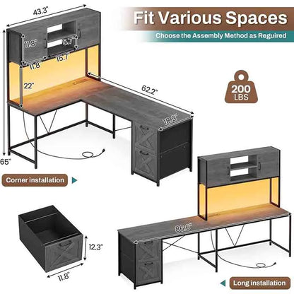 Yoobure Reversible L-Shaped Desk with Fabric Drawers & Hutch