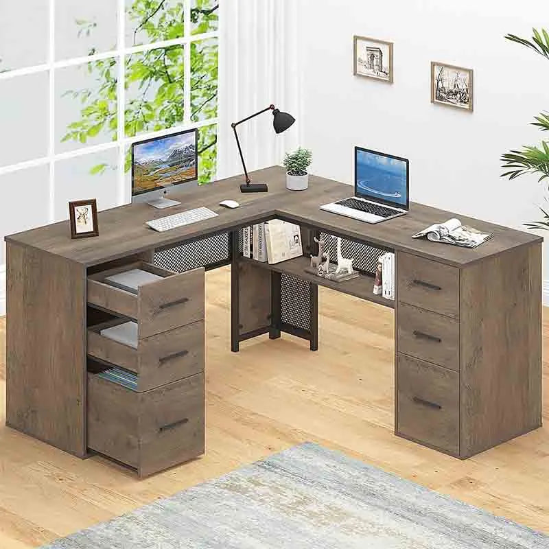 Oak Yoobure 72" L-Shaped Office Desk with Hutch & File Storage