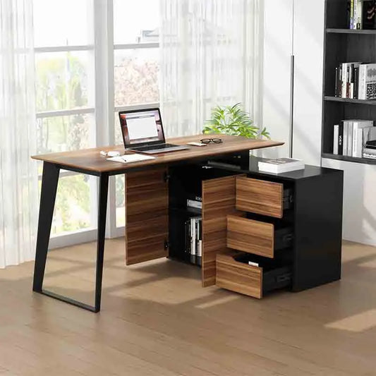 55" L-Shaped Desk with Storage Cabinet, Black & Brown