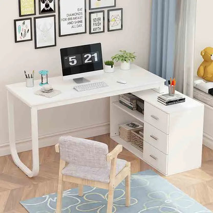 55" L-Shaped Desk with Storage Cabinet, White