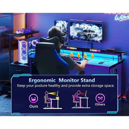 Black Yoobure 59 Inch Gaming Desk with USB Charging Ports & LED Light