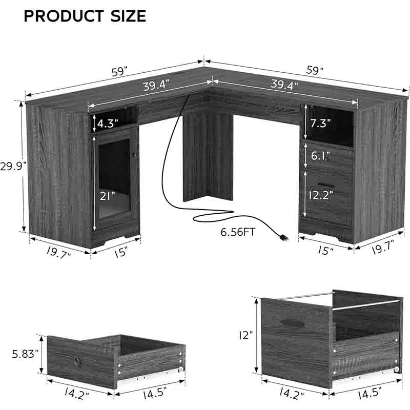 Yoobure 60" L-Shaped Desk with File Cabinet, Grey