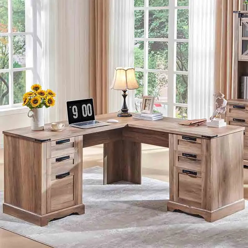 60" L-Shaped Executive Desk with File Drawers, Natural Oak