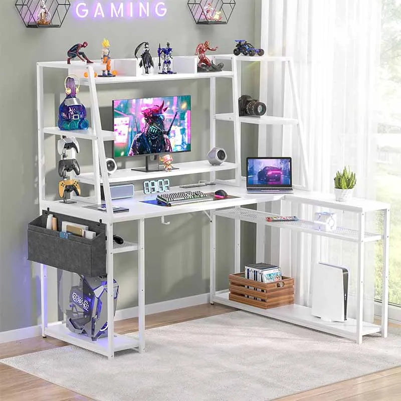 L-Shaped Gaming Desk with Hutch & Shelves, White