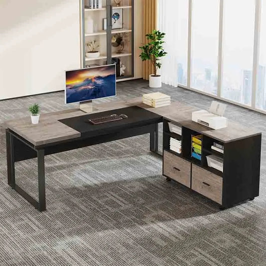 63" Office Desk with Drawers, Grey & Black