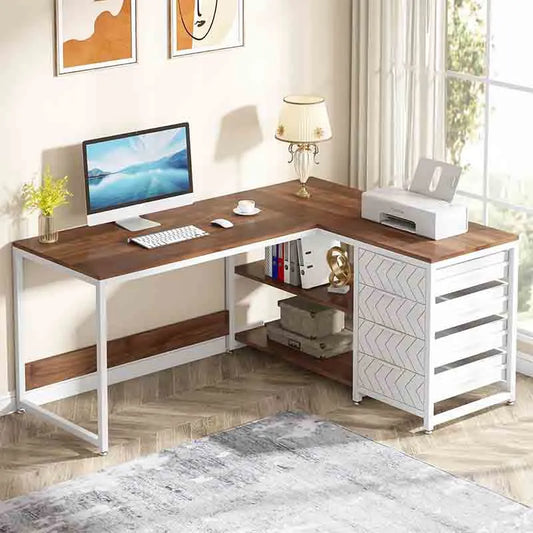 59" Reversible L-Shaped Desk with Shelves, Walnut & White