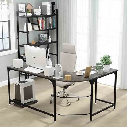 Modern L-Shaped Writing Desk with Storage, Black Frame