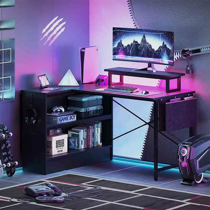 Black Yoobure Reversible L-Shaped Desk with LED Lights & Cabinet