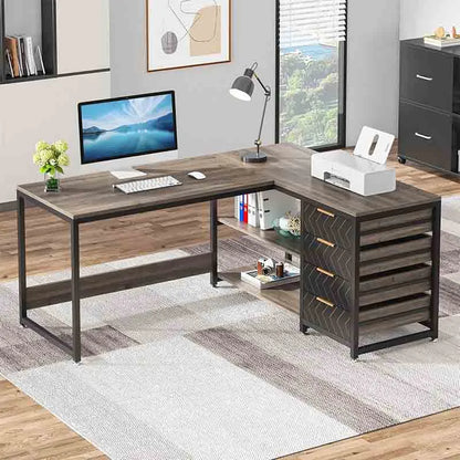 59" Reversible L-Shaped Desk with Shelves, Grey