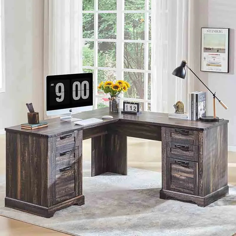 Yoobure 60" L-Shaped Executive Desk with File Drawers, Dark Oak