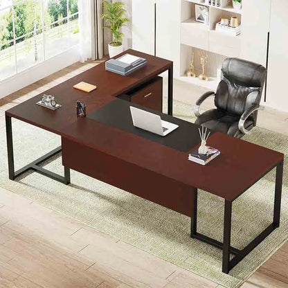 Yoobure 70.8" L-Shaped Executive Desk, Walnut & Black