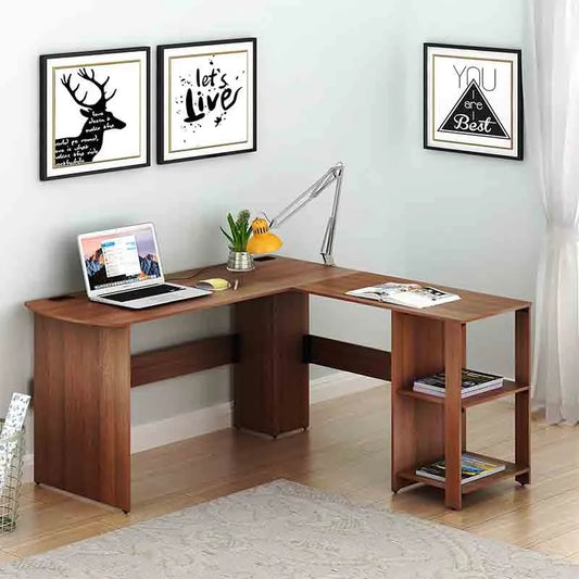 L-Shaped Corner Desk with Storage, Walnut Wood Finish