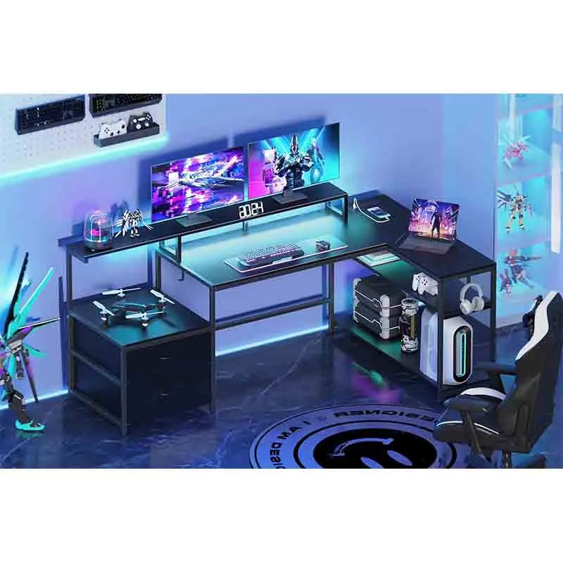 Yoobure 70" L-Shaped Gaming Desk with LED Lights, Black