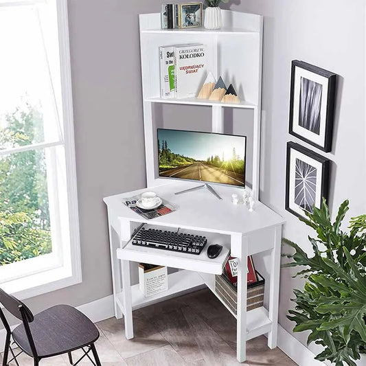 Triangle Corner Desk with Keyboard Tray, White