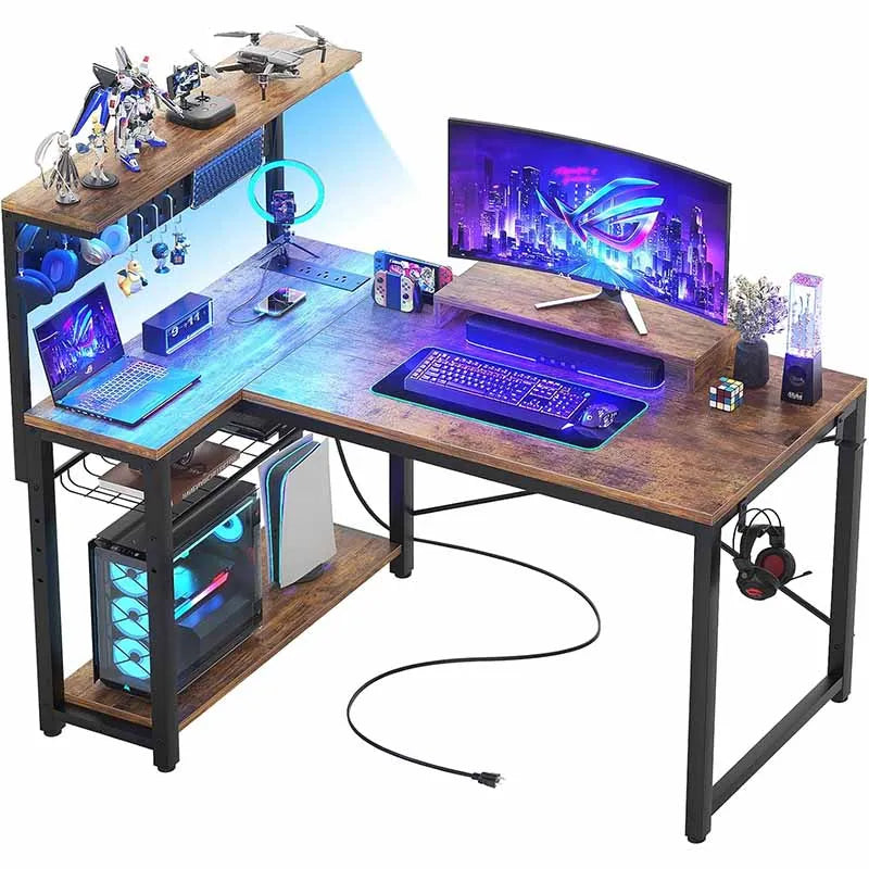 Yoobure Small Gaming Desk with Power Outlets & Pegboard, Rustic Brown