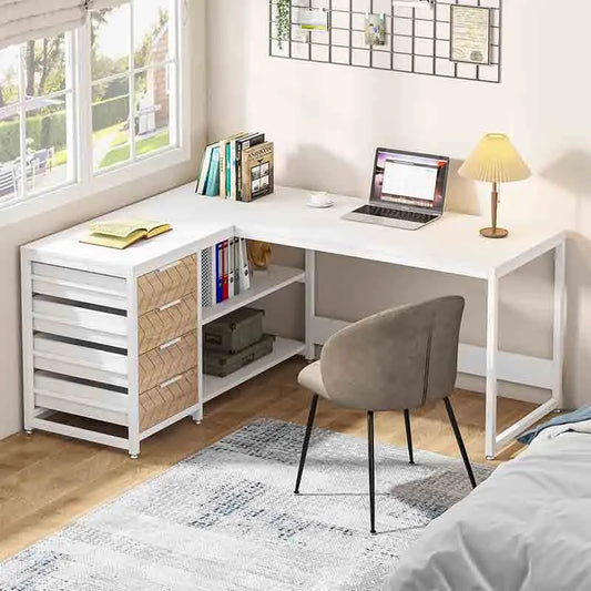 59" Reversible L-Shaped Office Desk with Bookshelf