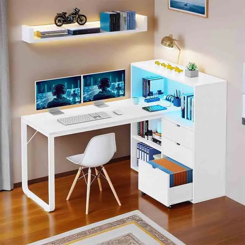 White Yoobure 55-inch Corner Desk with Bookshelf & Power Outlets