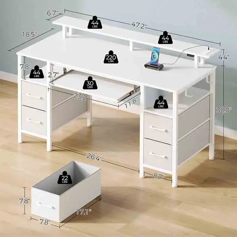 White Yoobure Computer Desk 47.2" with LED Lights & Power Outlets