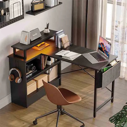 Yoobure Reversible L-Shaped Desk with LED Lights & Cabinet