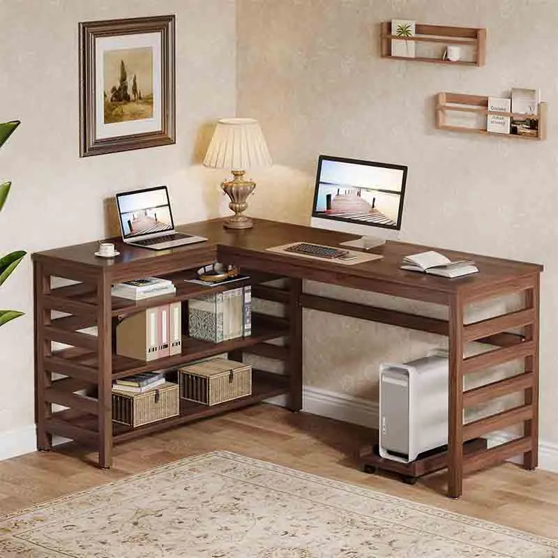 All-Wood Corner Desk with 4-Tier Shelf, Home Office