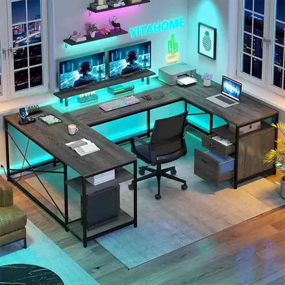 Black Yoobure U Shaped Desk with Power Outlets & LED Lights