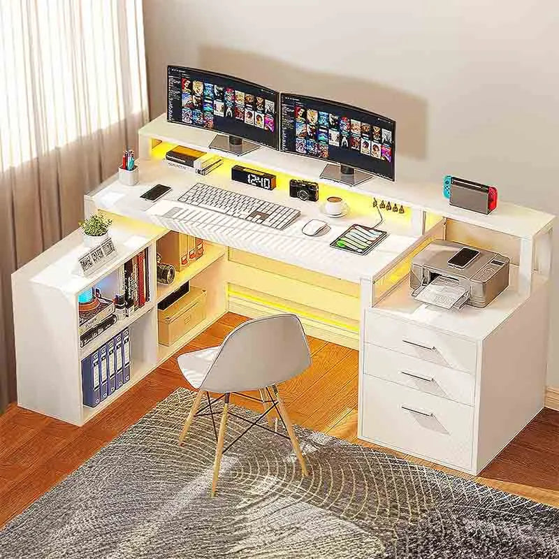 White Yoobure 65" L-Shaped Desk with Drawers, Computer Desk