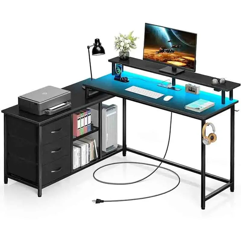 Black Yoobure Corner Desk with Storage Shelves & Monitor Stand