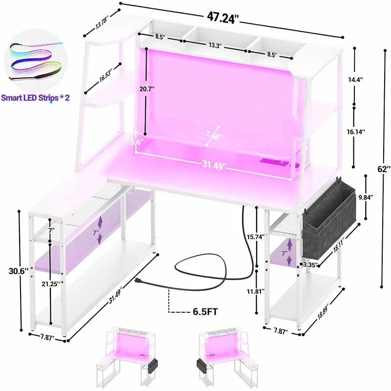 Yoobure L-Shaped Gaming Desk with Hutch & Shelves, White