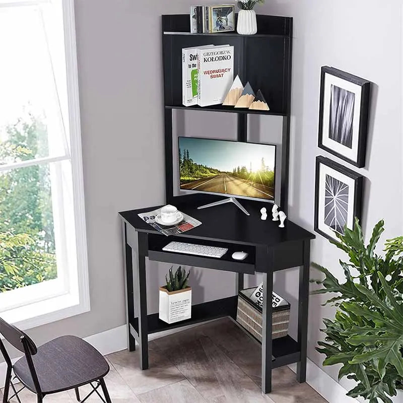 Triangle Corner Desk with Keyboard Tray, Black