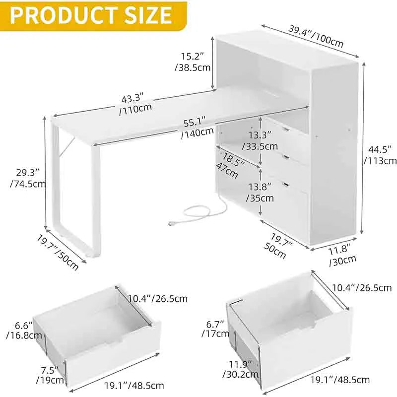 Yoobure 55-inch Corner Desk with Bookshelf & Power Outlets