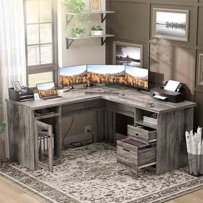 Yoobure 60" L-Shaped Desk with Drawers, Corner Desk