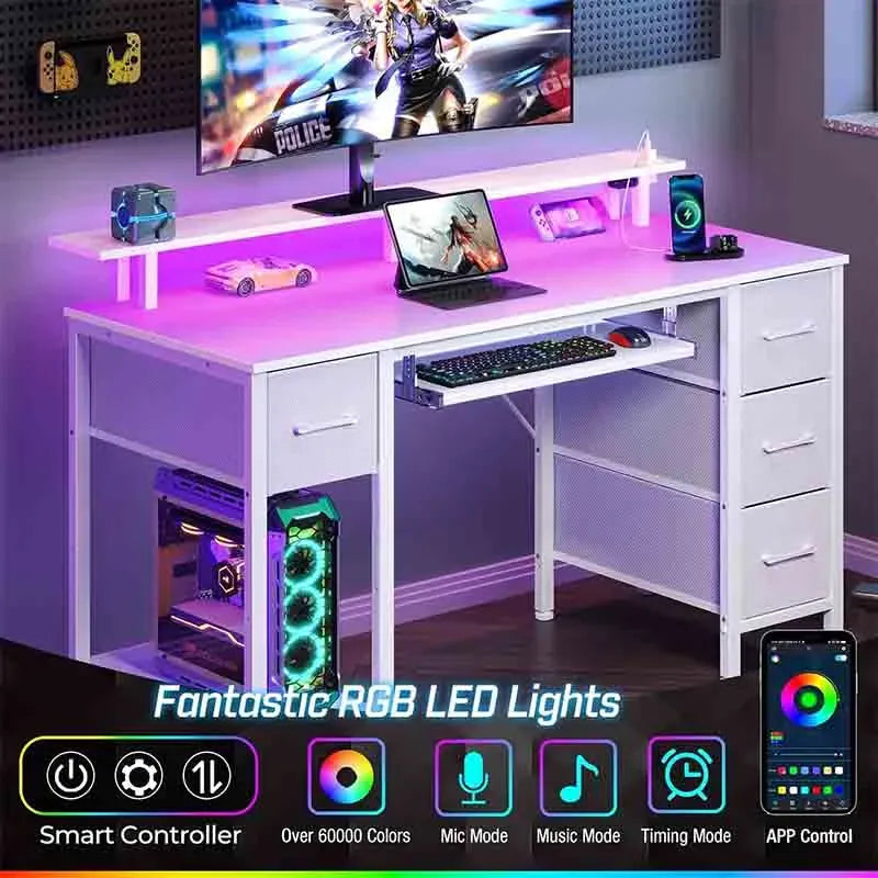 White Yoobure Computer Desk 47.2" with LED Lights & Power Outlets