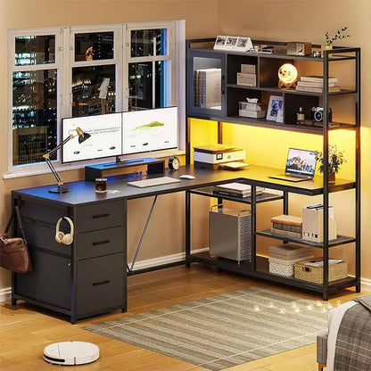 58" Office Desk with 3 Drawers & Bookshelf, Black