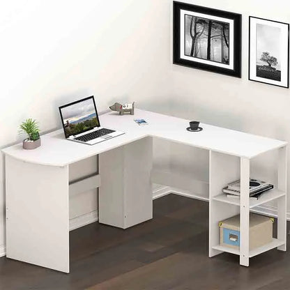 L-Shaped Computer Desk for Home Office, White Wood