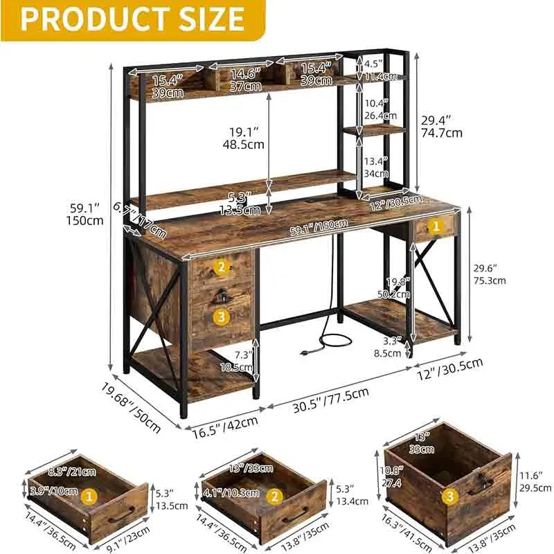 Brown Yoobure 59.1" Office Desk with Power Outlets &amp; LED Lights