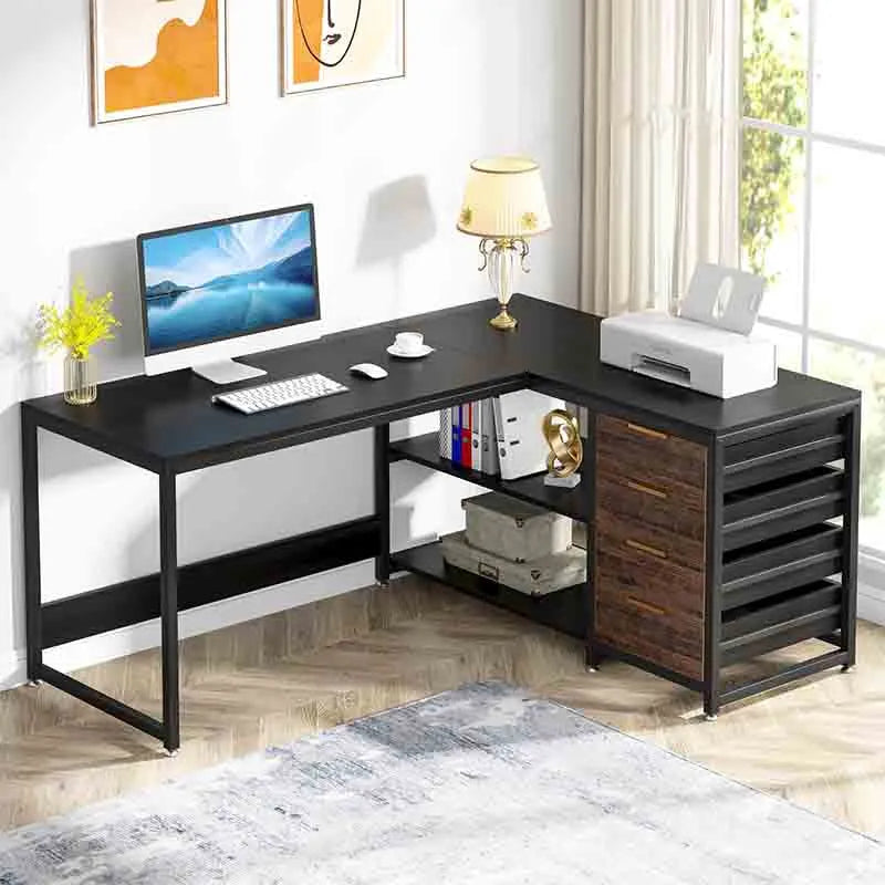 59" Reversible L-Shaped Desk with Shelves, Black