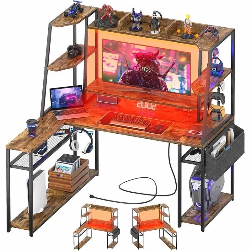 Yoobure L-Shaped Gaming Desk with Hutch & Shelves, Rustic Brown