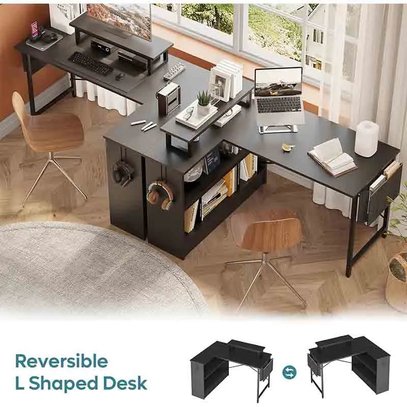 Yoobure Reversible L-Shaped Desk with LED Lights & Cabinet