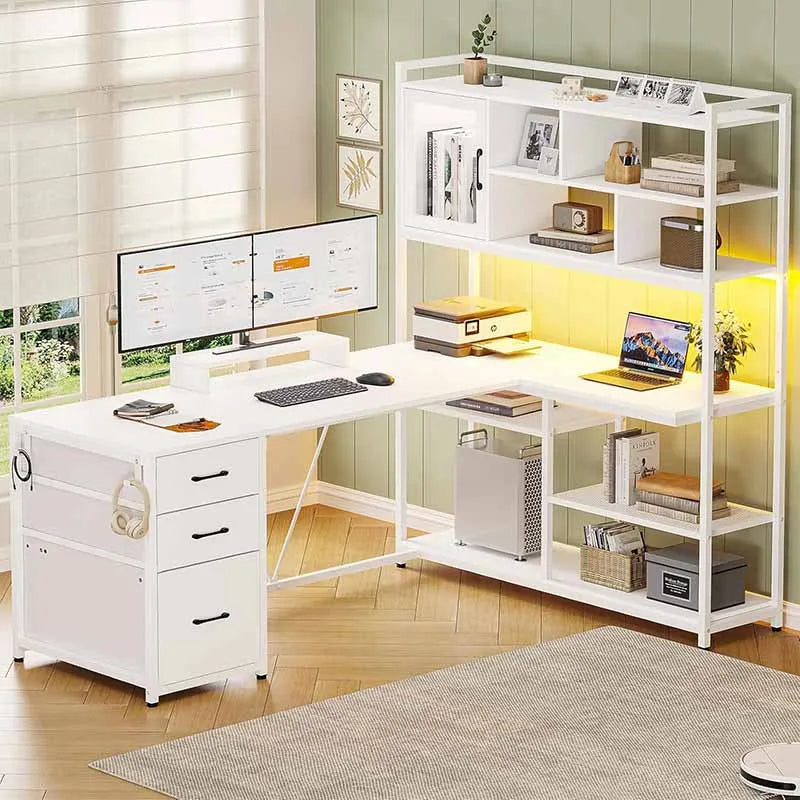 58" Office Desk with 3 Drawers & Bookshelf, White