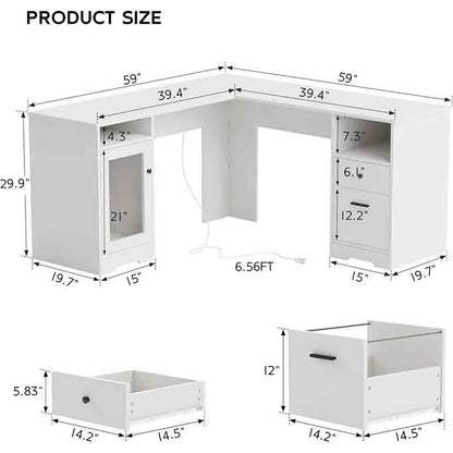 Yoobure 60" L-Shaped Desk with File Cabinet, White