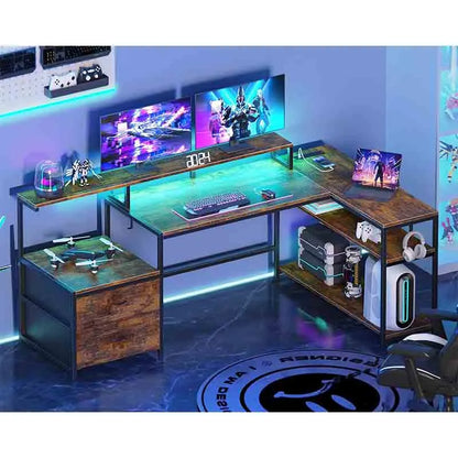 Yoobure 70" L-Shaped Gaming Desk with LED Lights, Brown