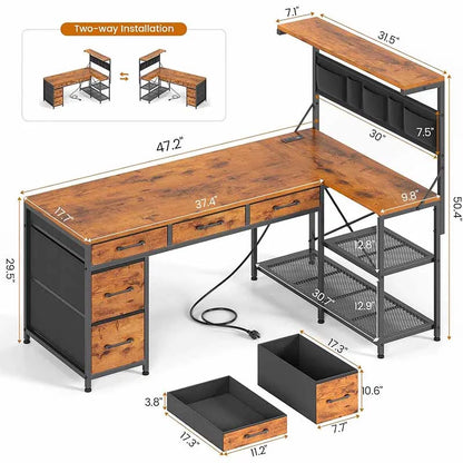 Yoobure 47.2" Gaming Desk with LED Lights, Rustic Brown