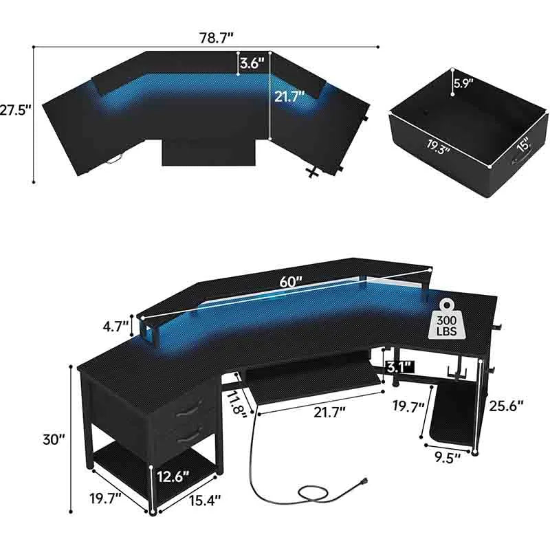 Yoobure 79" Computer Desk with 2 Fabric Drawers & LED Light