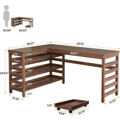 Yoobure All-Wood Corner Desk with 4-Tier Shelf, Home Office