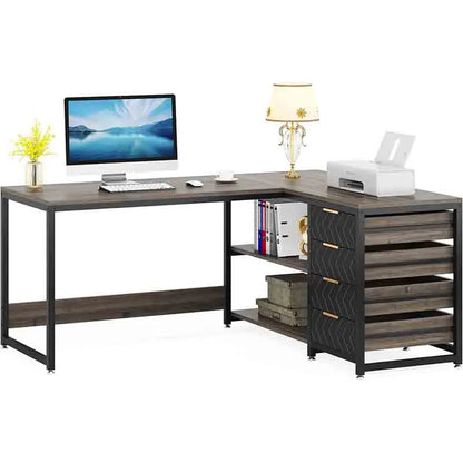 Yoobure 59" Reversible L-Shaped Desk with Shelves, Grey