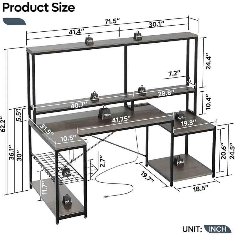 Yoobure 60" Corner Desk with File Cabinet & Power Ports