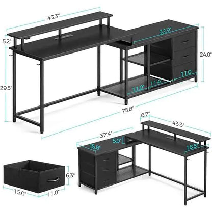 Black Yoobure Corner Desk with Storage Shelves & Monitor Stand