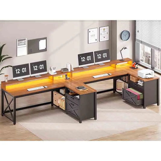 55" Home Office Desk with Drawers & Shelves, Black & Brown