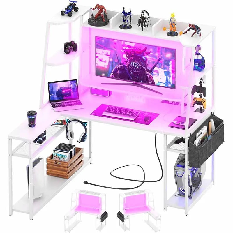 Yoobure L-Shaped Gaming Desk with Hutch & Shelves, White